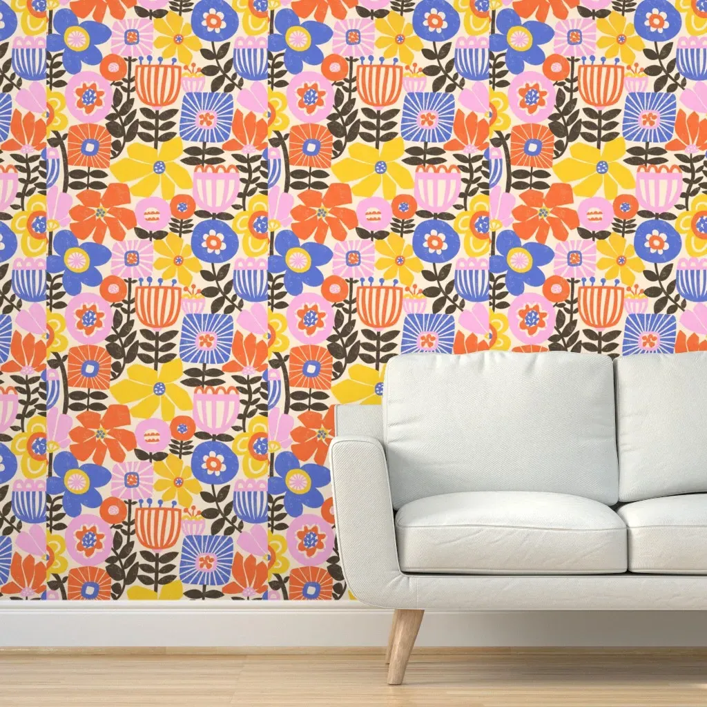 Retro Flower Collage Peel and Stick Wallpaper - Orange product