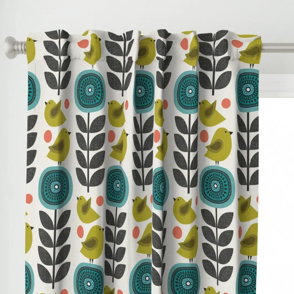 Retro Flowers and Birds Curtain Panel - Teal alternate view