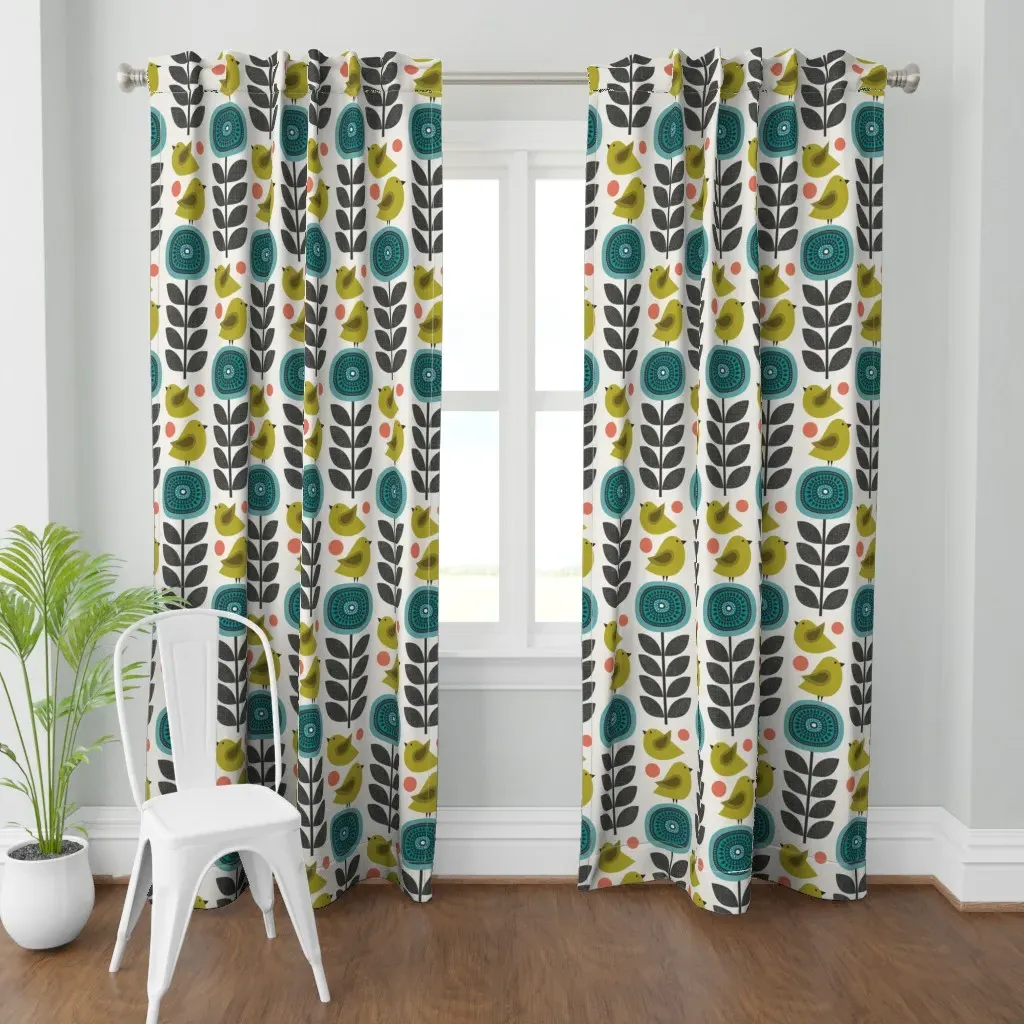 Retro Flowers and Birds Curtain Panel - Teal product