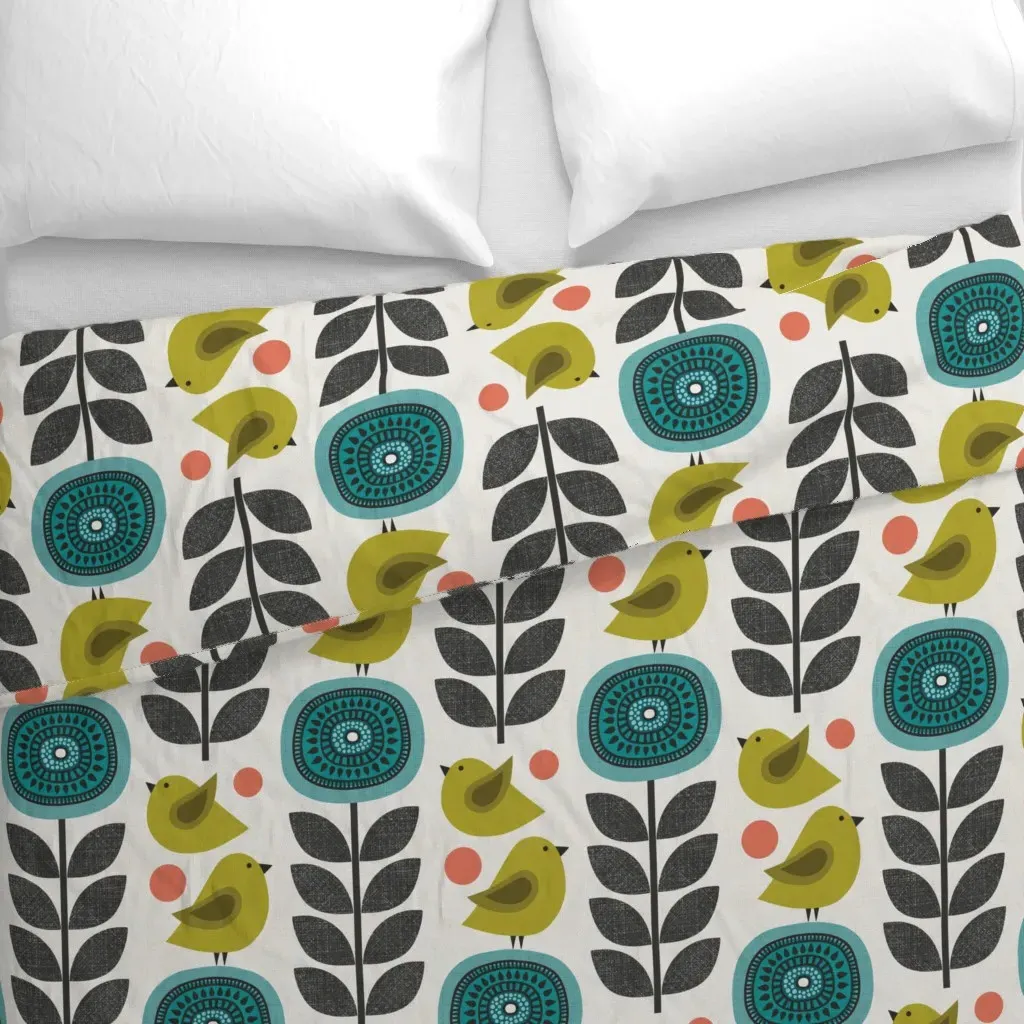 Retro Flowers And Birds Large Duvet Cover - Teal alternate view