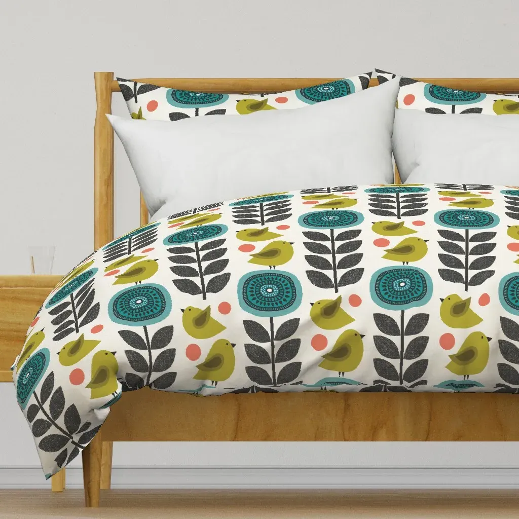 Retro Flowers And Birds Large Duvet Cover - Teal product