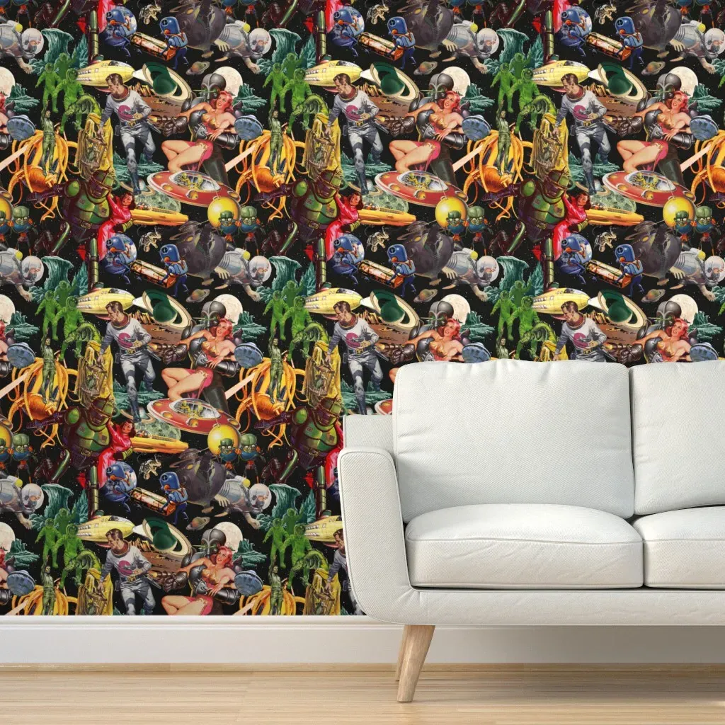 Retro Galactic Sci-Fi Peel and Stick Wallpaper - Black product