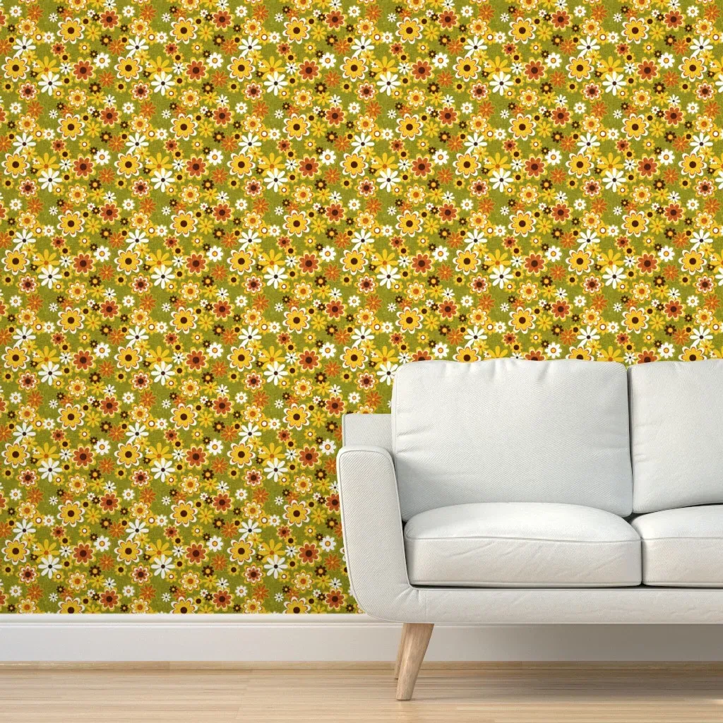 Retro Geo Flowers Peel and Stick Wallpaper - Green, Orange product