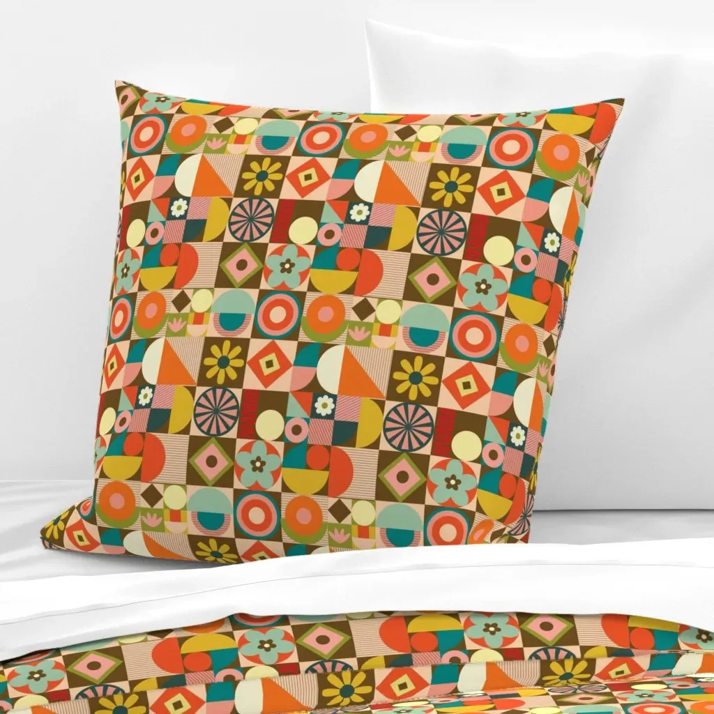 Retro Geometric Abstracts Mod Style Euro Pillow Sham - Brown product