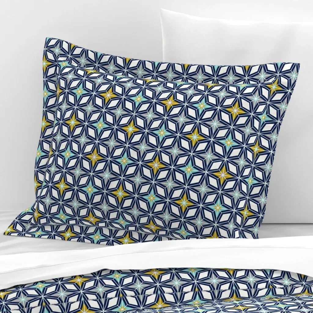 Retro Geometric Star Lattice Standard Flanged Pillow - Navy Blue, Cotton Sateen product