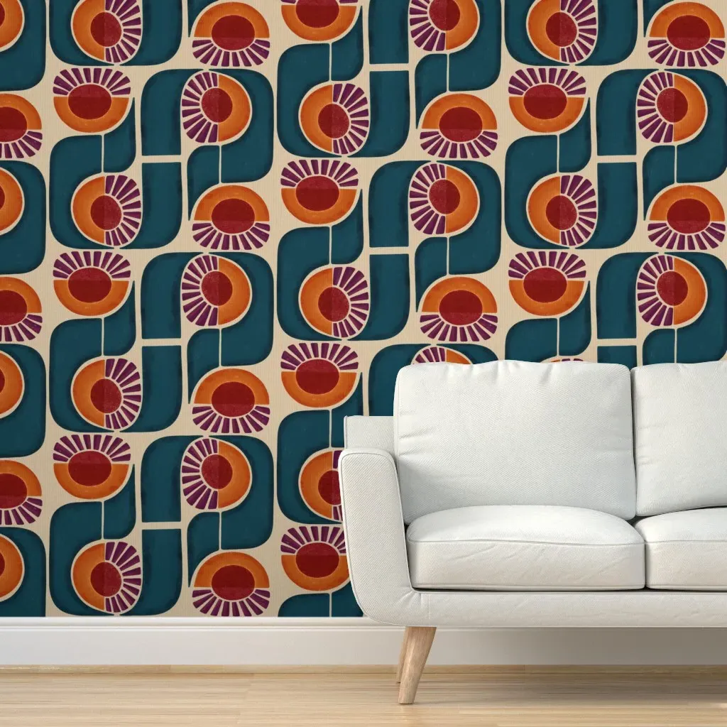 Retro Groovy Suns Peel and Stick Wallpaper - Teal product