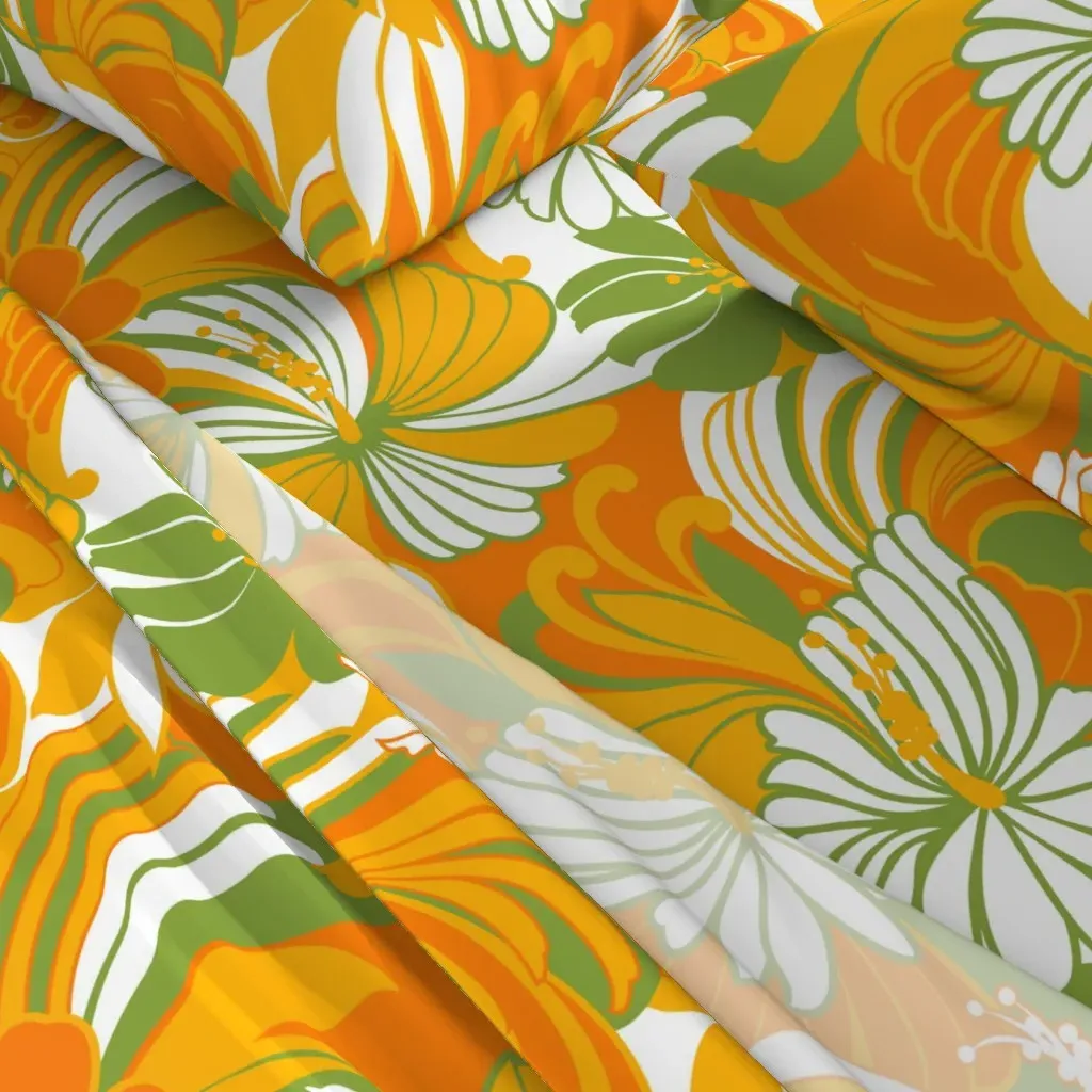 Retro Hawaiian Hibiscus Muu Muu Print Queen Sheet Set - Orange alternate view