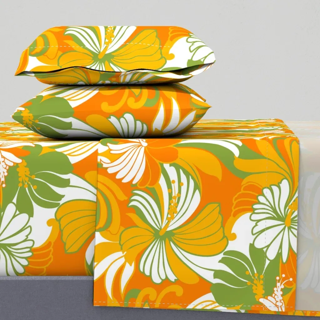 Retro Hawaiian Hibiscus Muu Muu Print Queen Sheet Set - Orange product