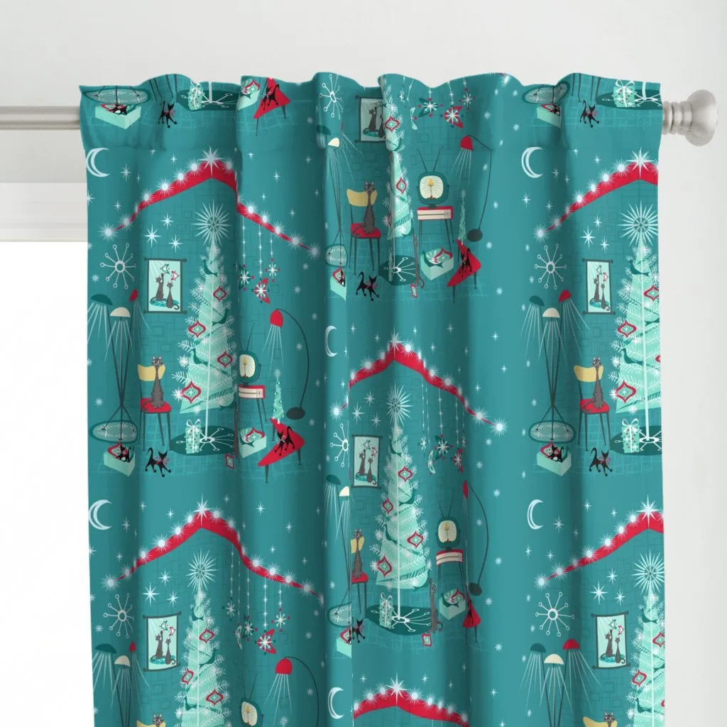 Retro Holiday Decorating Curtain Panel - Teal alternate view