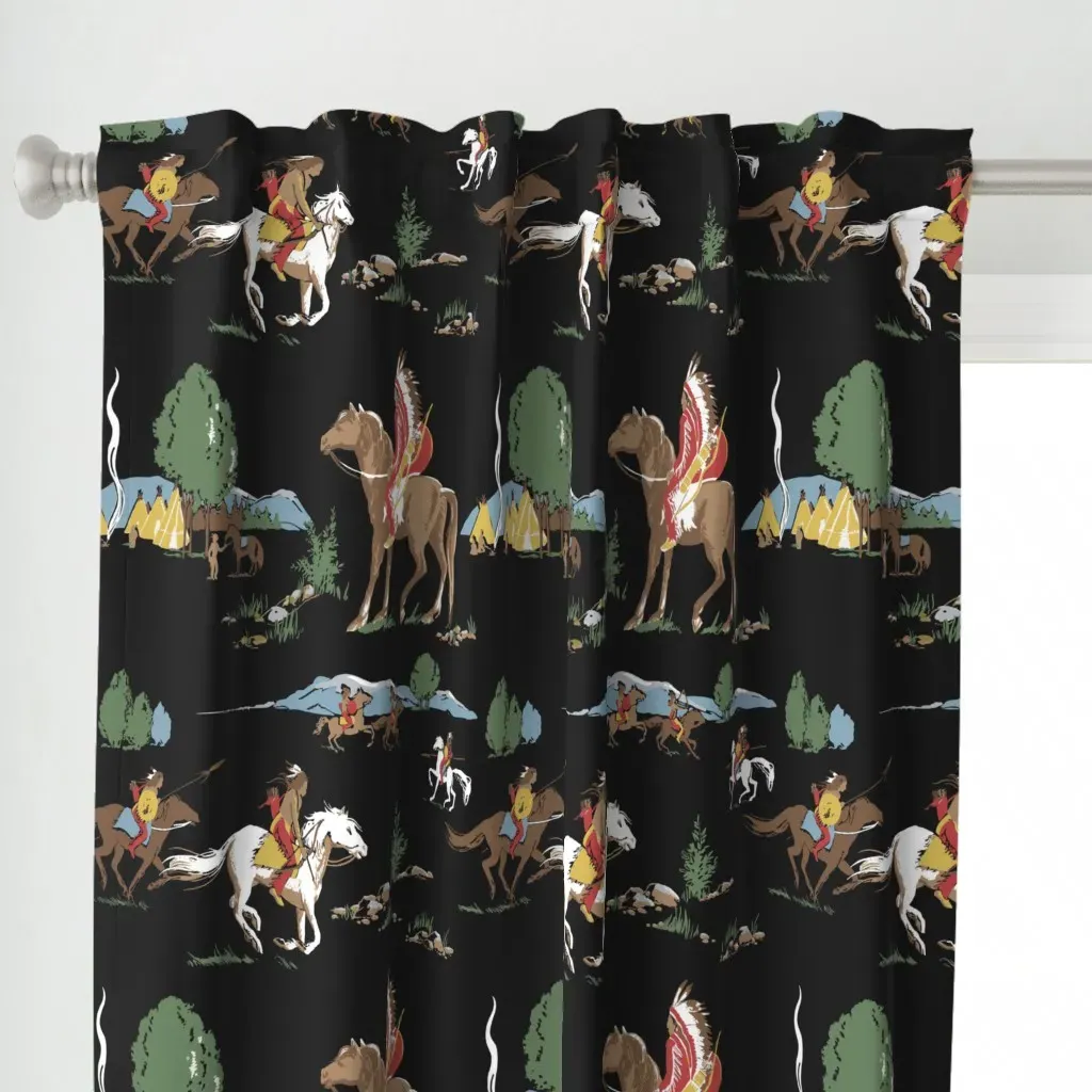 Retro Indians On Black Curtain Panel - Brown alternate view