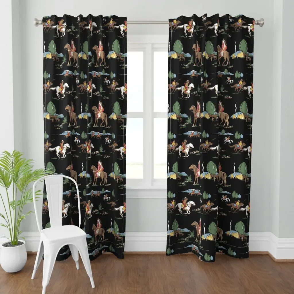 Retro Indians On Black Curtain Panel - Brown product