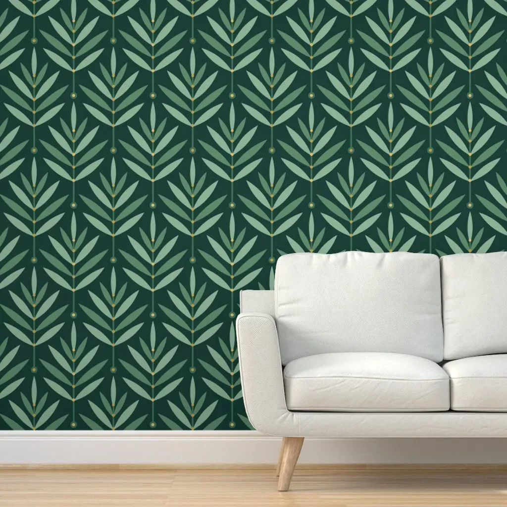 Retro Leaves Art Deco Peel and Stick Wallpaper - Green, Gold product
