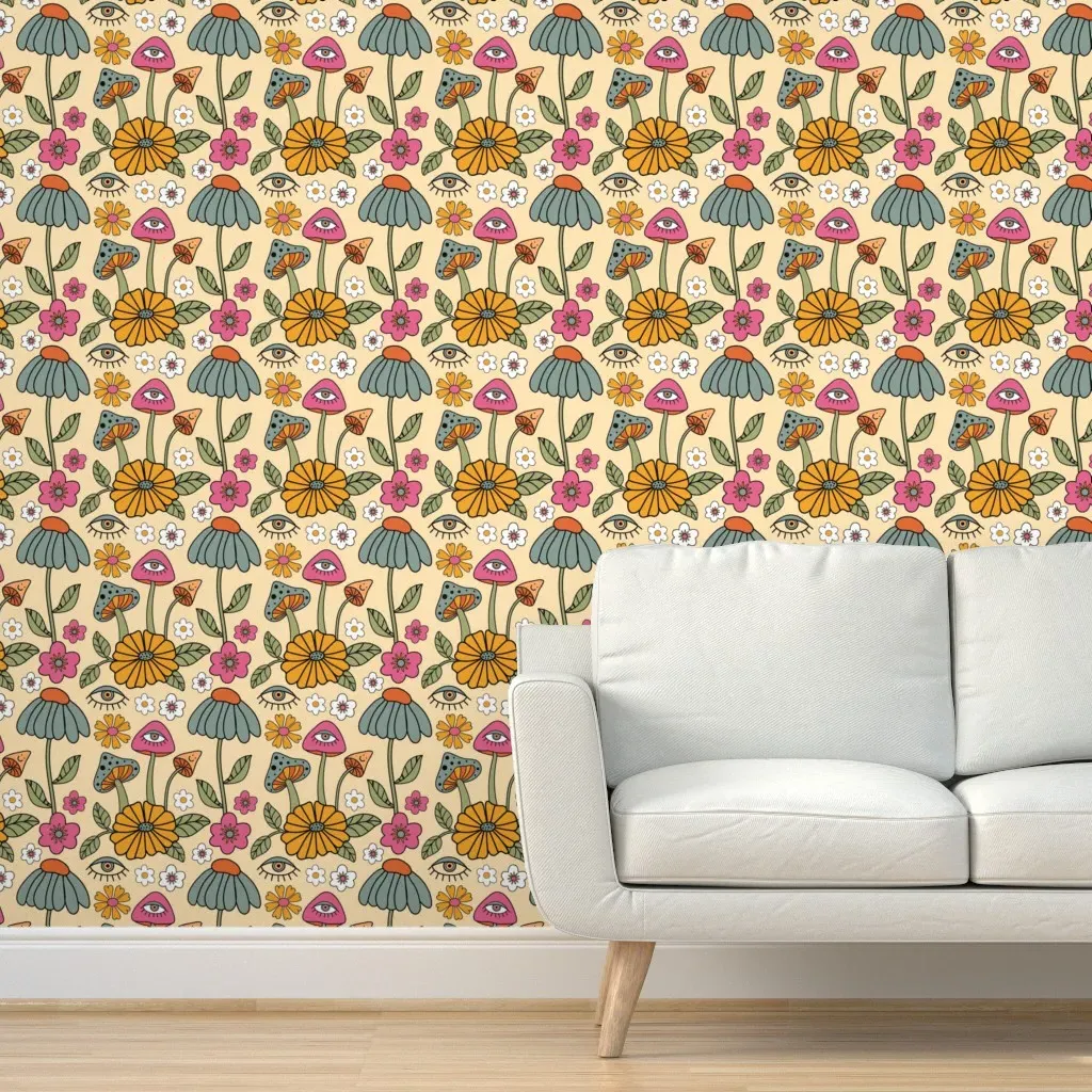 Retro Magic Mushrooms Peel and Stick Wallpaper - Orange product