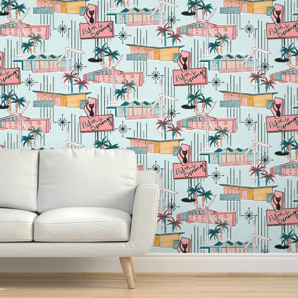 Retro MCM Atomic Palm Springs Windmills Peel and Stick Wallpaper - Pink product