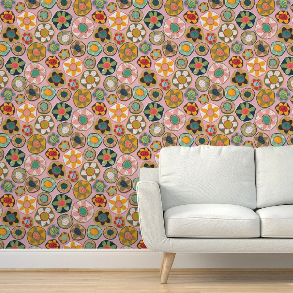 Retro Mid Century Floral Peel and Stick Wallpaper - Pink, Yellow product
