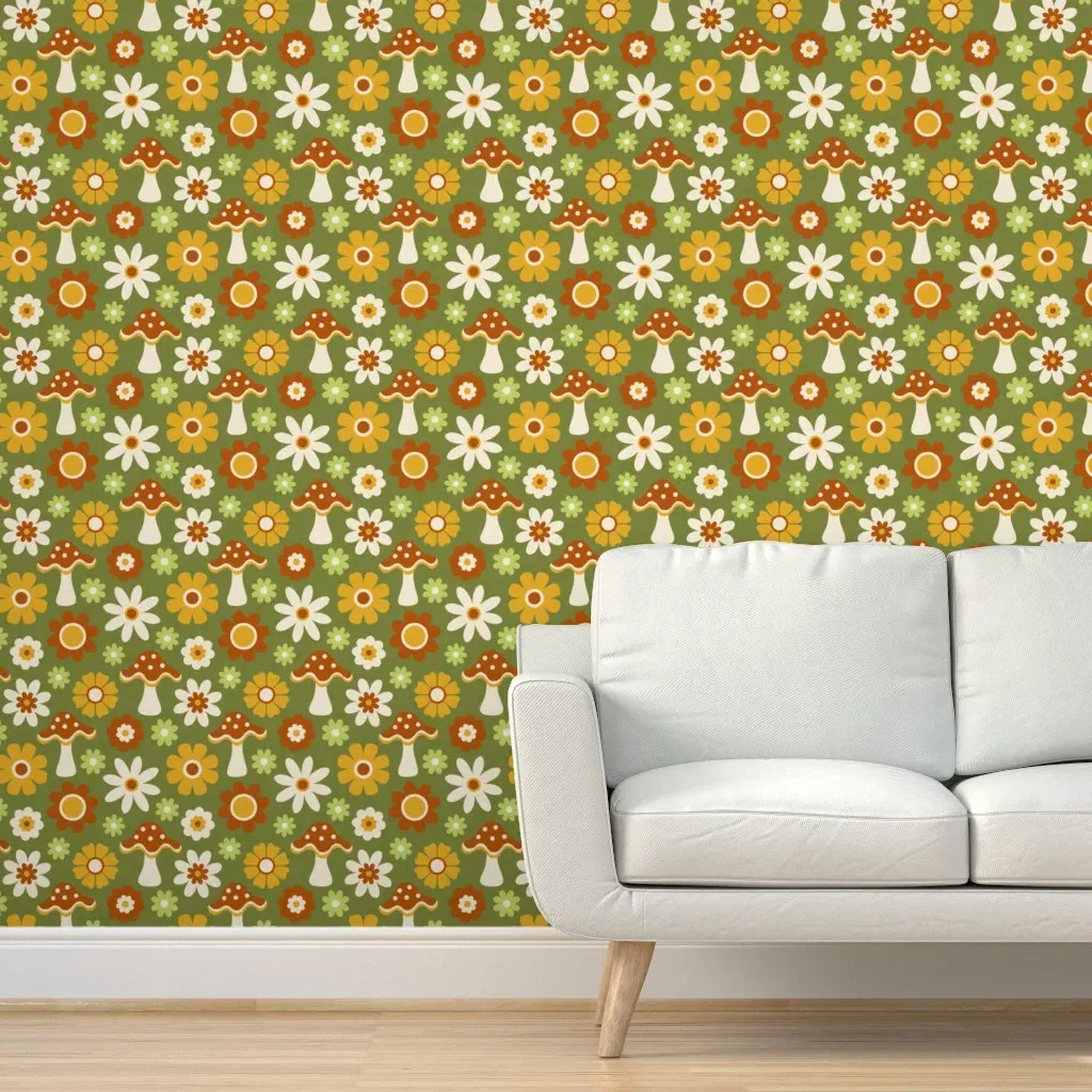 Retro Mushroom Floral Peel and Stick Wallpaper - Orange product