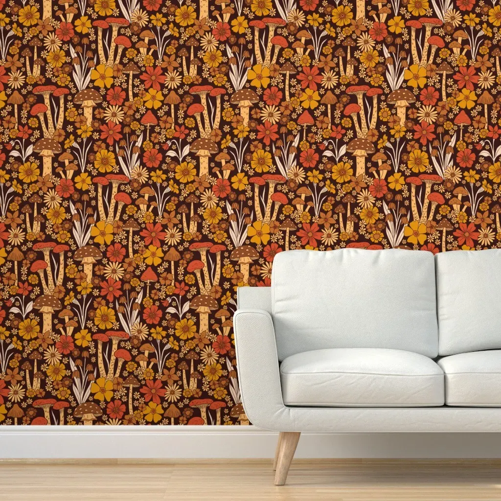 Retro Mushrooms & Flowers Peel and Stick Wallpaper - Orange product