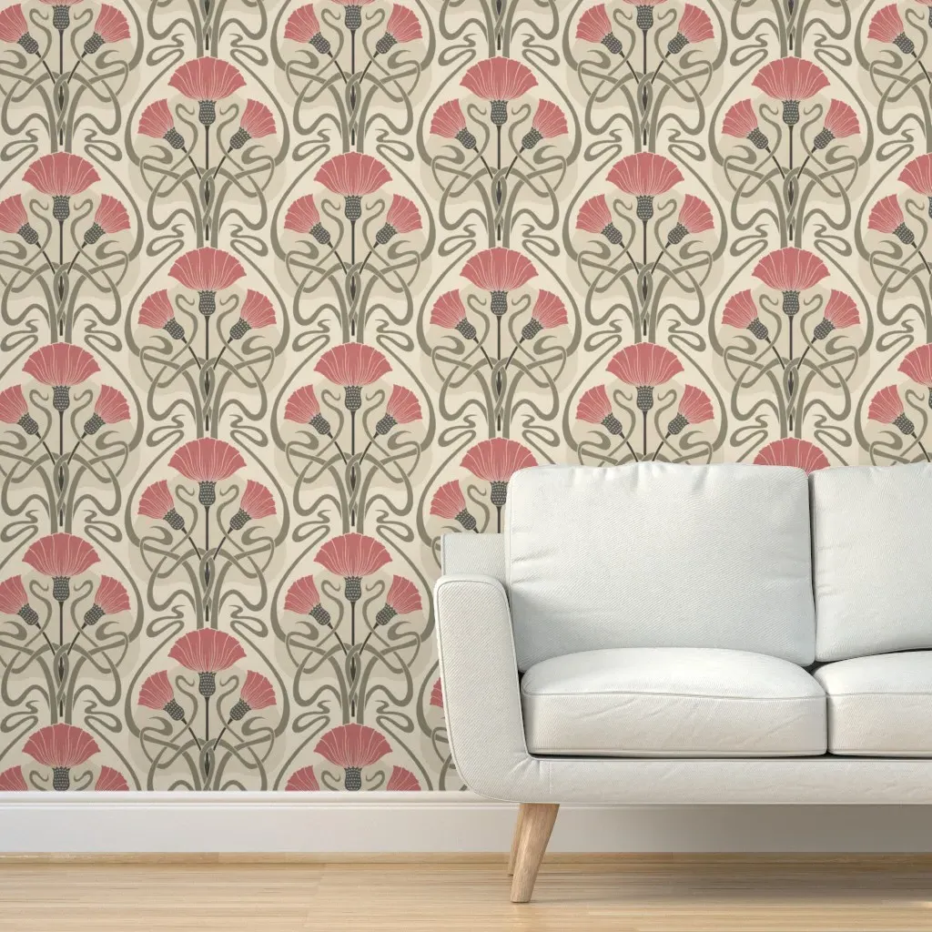 Retro Nouveau Damask Peel and Stick Wallpaper - Green, Pink product