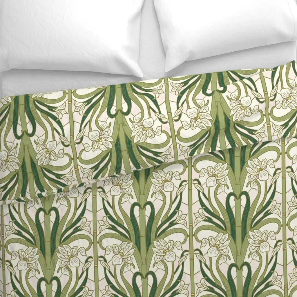Retro Nouveau Deco Iris Floral Duvet Cover - Green alternate view
