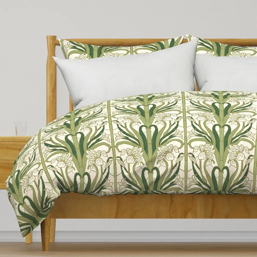 Retro Nouveau Deco Iris Floral Duvet Cover - Green product