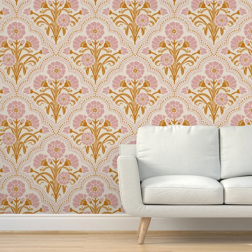 Retro Nouveau Floral Scalloped Arches Peel and Stick Wallpaper - Dusty Pink product