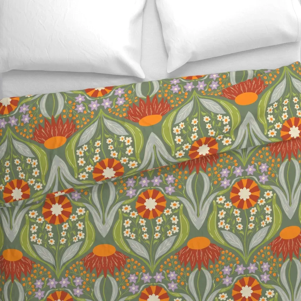 Retro Nouveau Flowers Duvet Cover - Orange alternate view