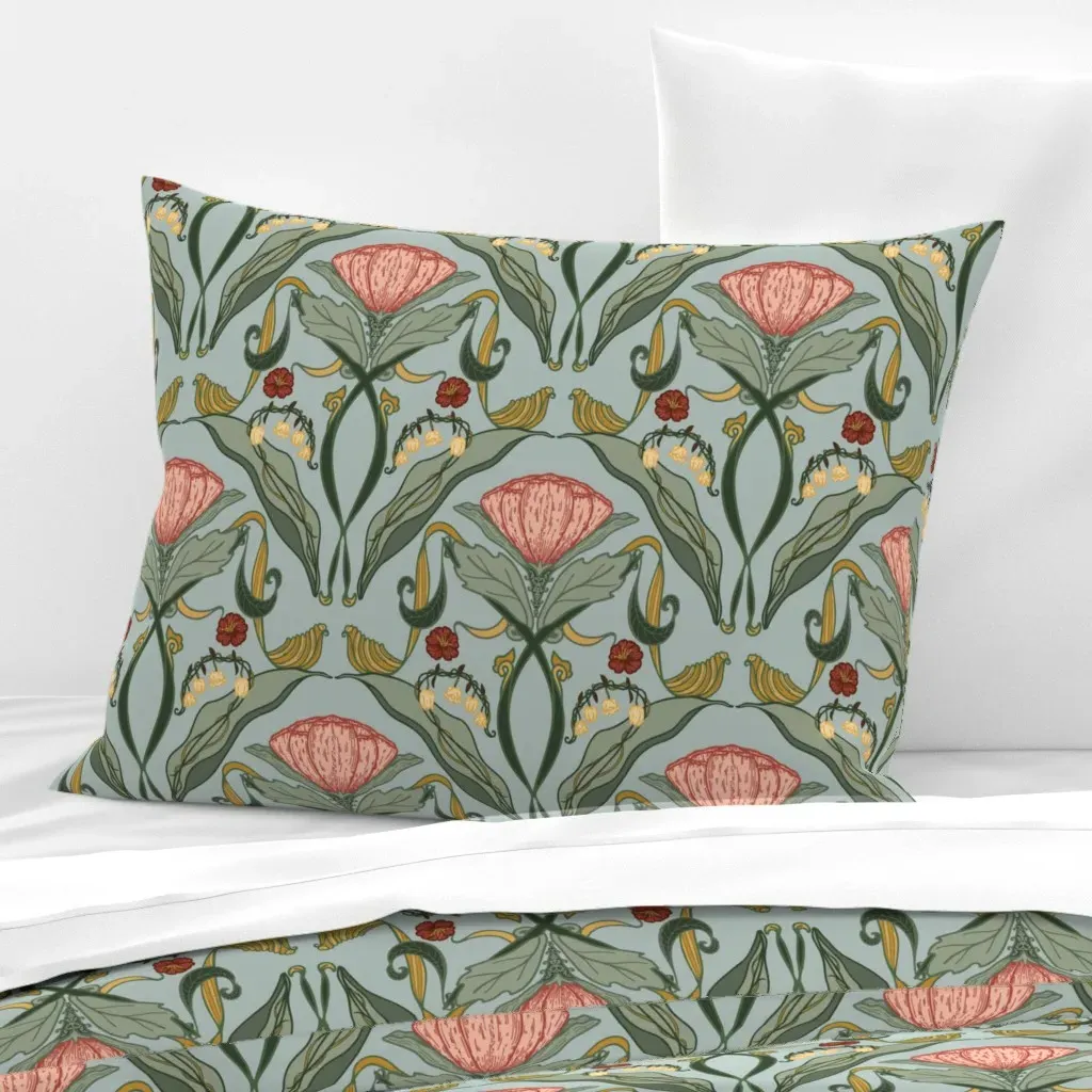 Retro Nouveau Pattern Standard Knife Edge Pillow - Green, Cotton Sateen product