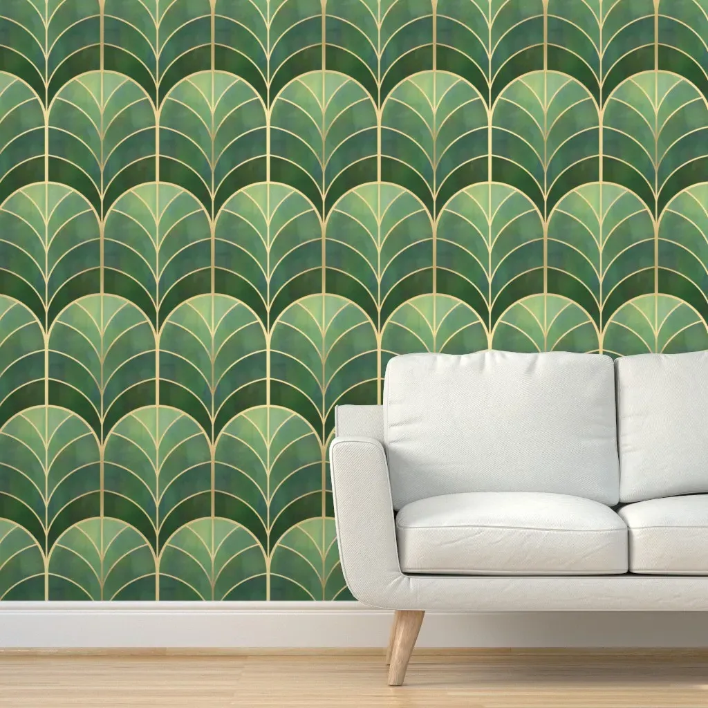 Retro Nouveau Stained Glass Feather Peel and Stick Wallpaper - Emerald Green product