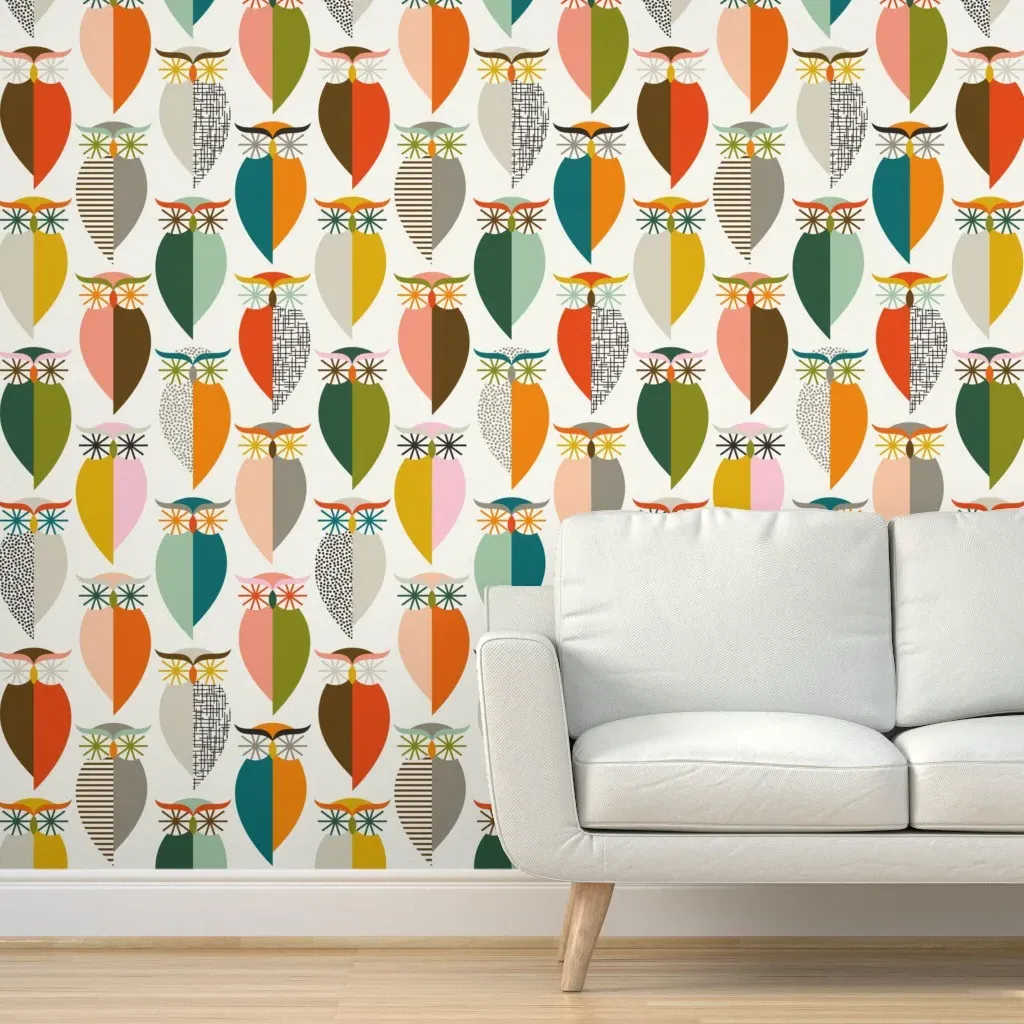 Retro Owls Peel and Stick Wallpaper - Orange product