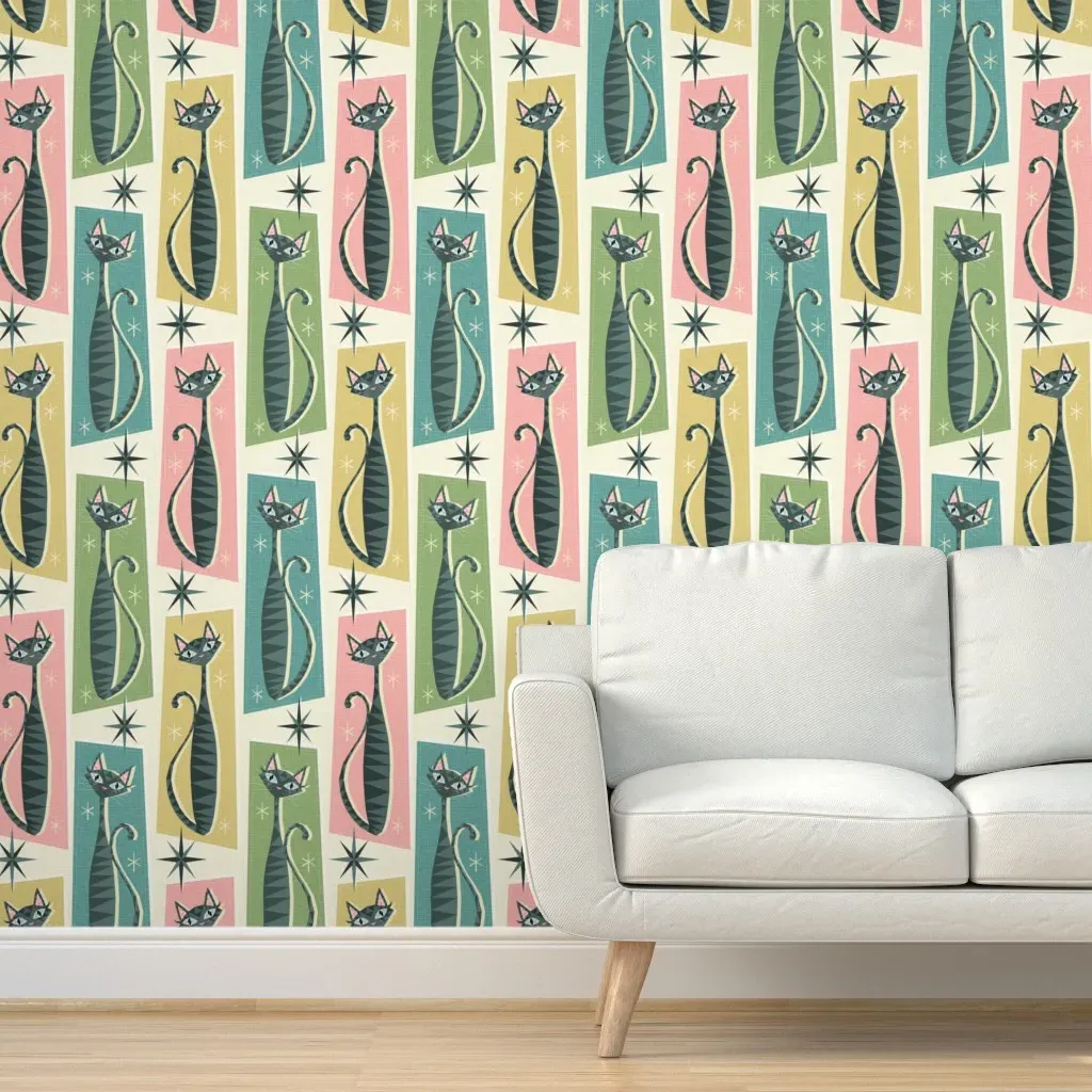 Retro Patchwork Tabbies Peel and Stick Wallpaper - Teal product