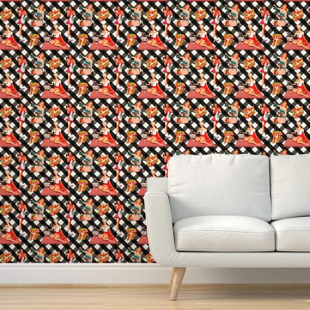 Retro Picnic Pinup Girls Peel and Stick Wallpaper - Black product