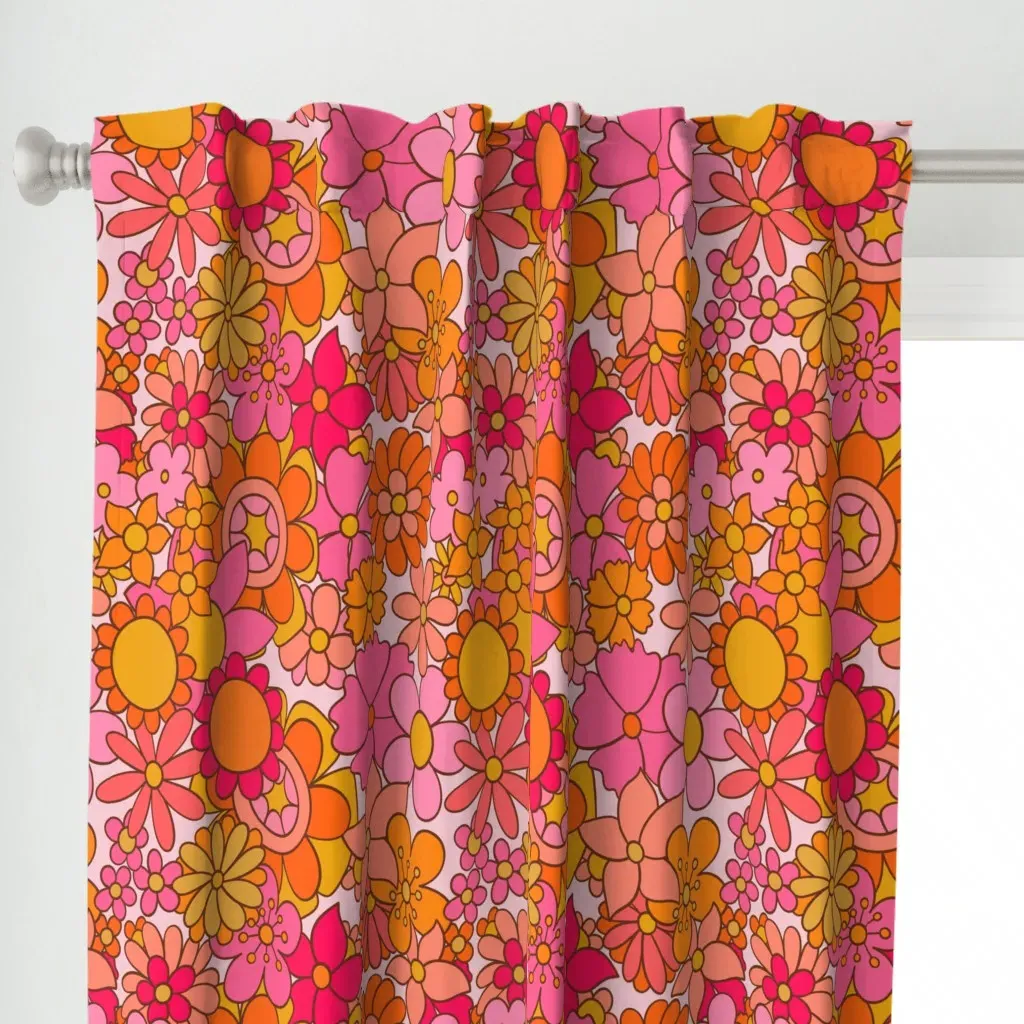 Retro Pink Flowers Curtain Panel alternate view