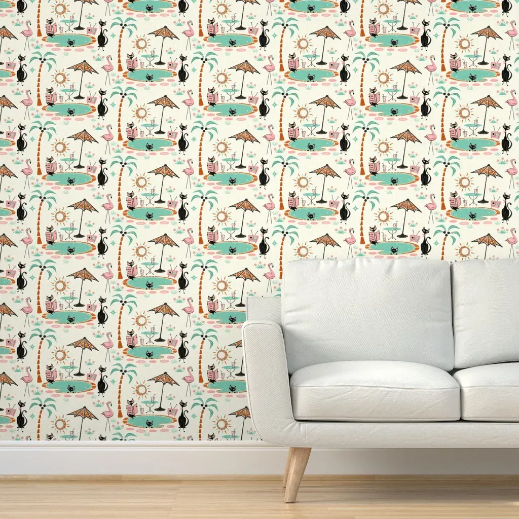 Retro Poolside Pussycats Peel and Stick Wallpaper - Teal product