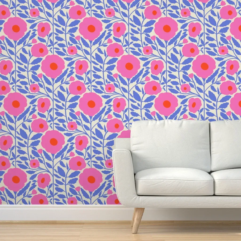 Retro Poppies Peel and Stick Wallpaper - Pink product