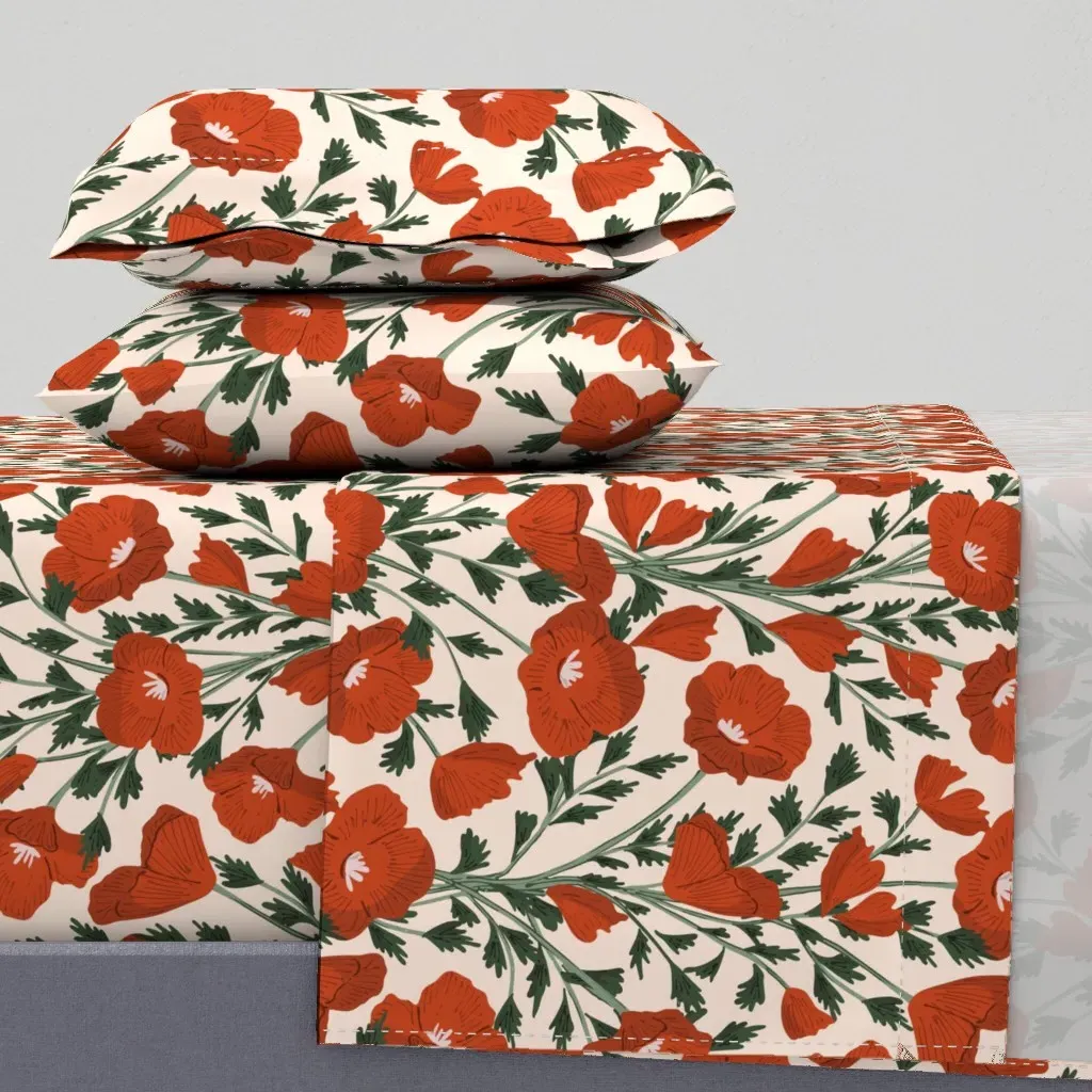 Retro Poppy Garden King Size Sheet Set - Red product