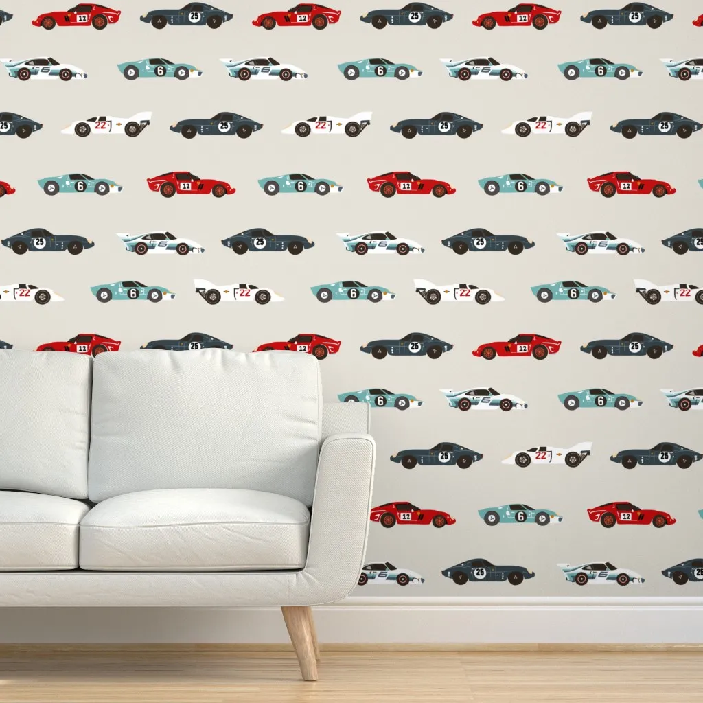Retro Race Car Large Scale Peel and Stick Wallpaper - Red product