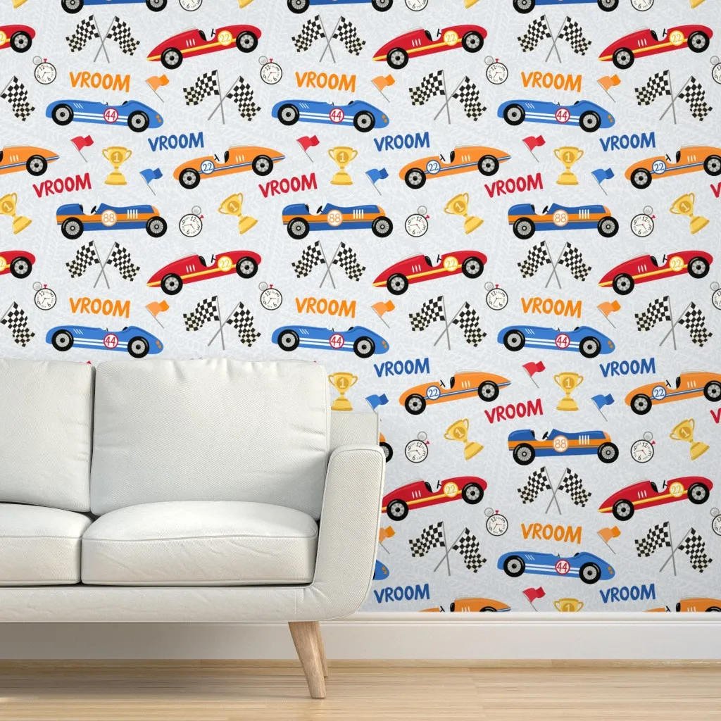 Retro Race Cars Checkered Flags Trophy Peel and Stick Wallpaper - Blue product