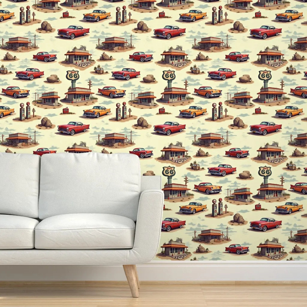 Retro Ride Cross Country Car Trip Peel and Stick Wallpaper - Red product