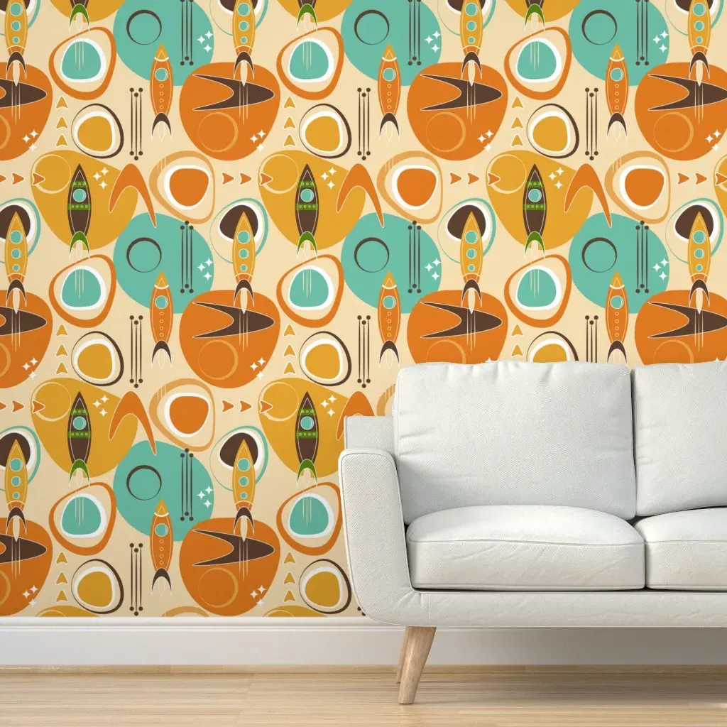 Retro Rocket Ships Asteroid Peel and Stick Wallpaper - Orange product