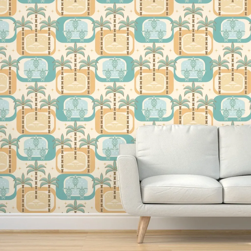 Retro Sea Turtle Peel and Stick Wallpaper - Teal product