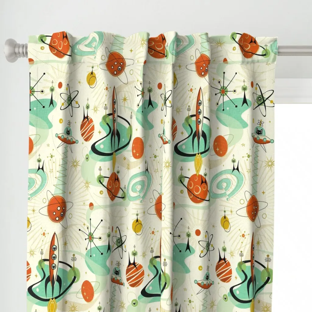 Retro Space Cats XL Curtain Panel - Cream alternate view
