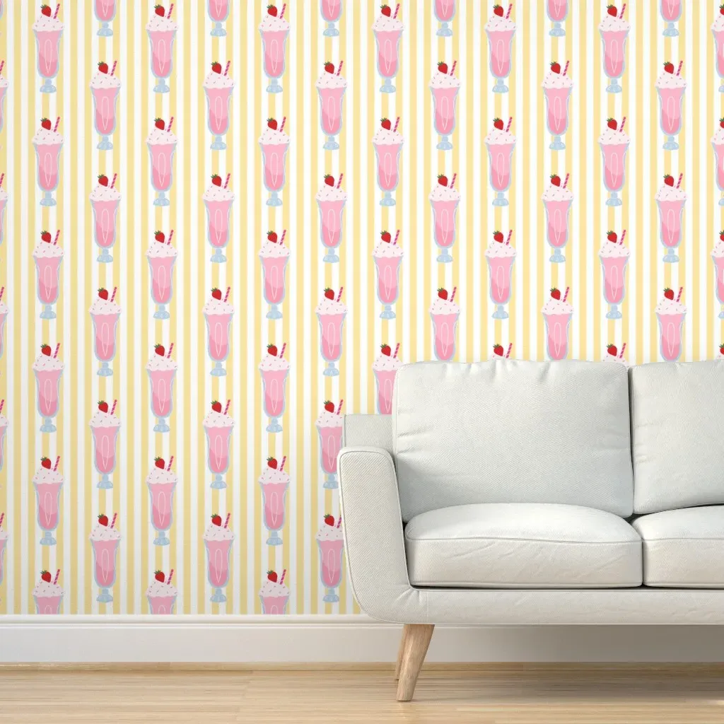 Retro Strawberry Ice Cream Float Yellow Stripe Peel and Stick Wallpaper - Pink product