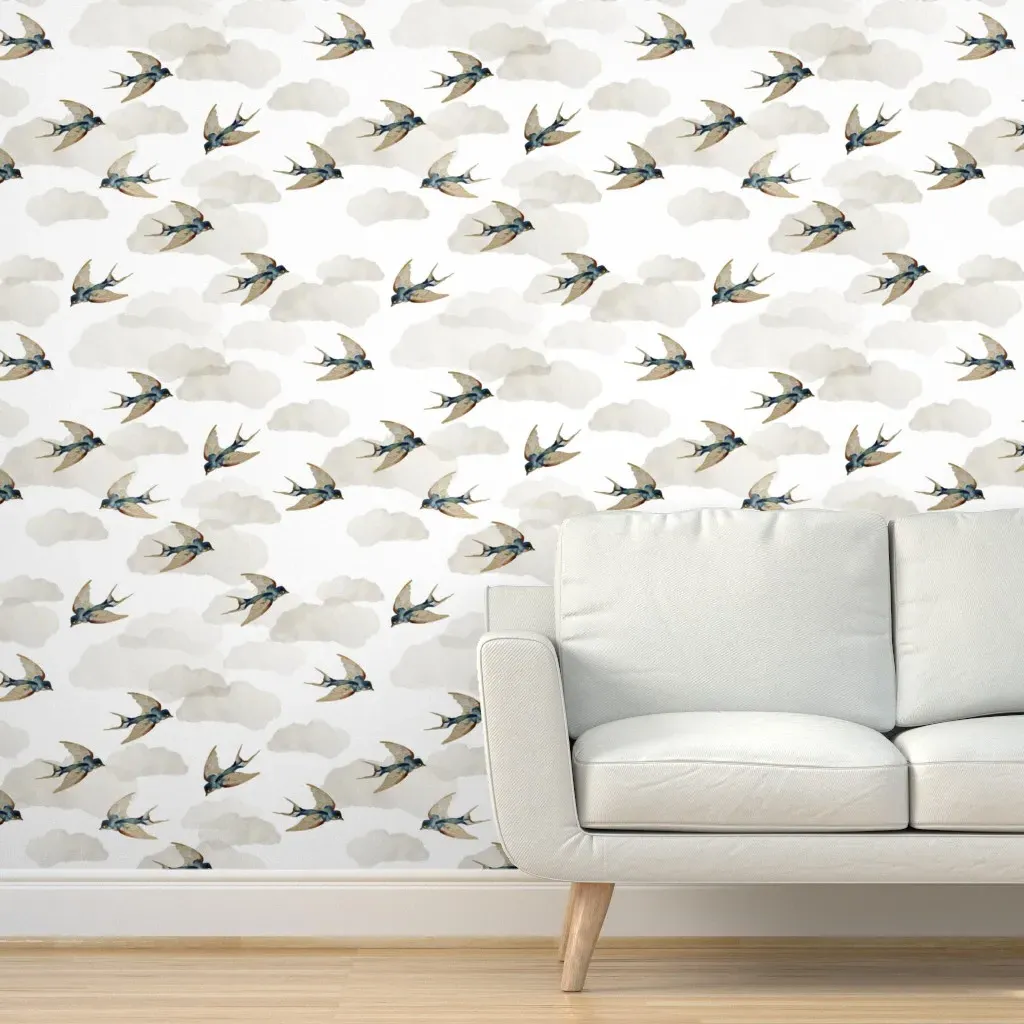 Retro Swallows & Clouds Peel and Stick Wallpaper - Blue product