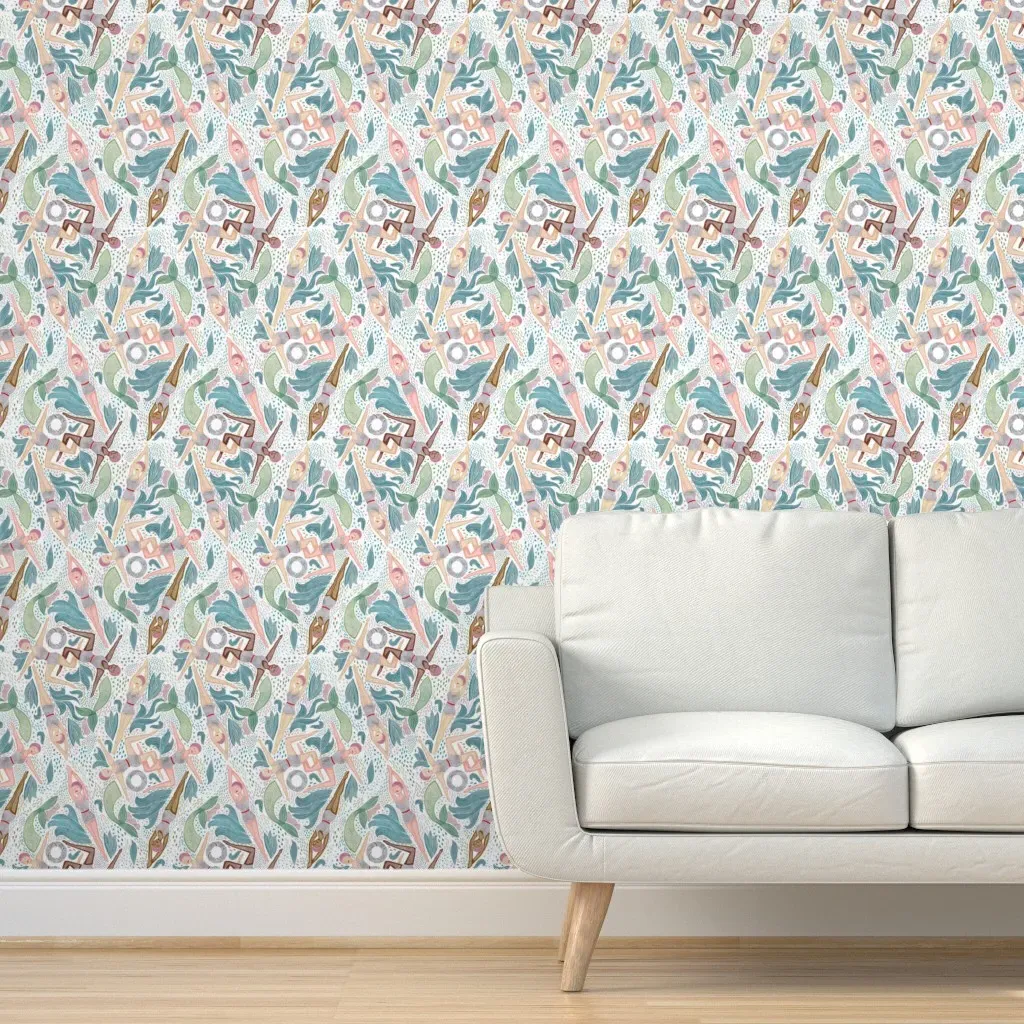 Retro Synchronized Swimmers Peel and Stick Wallpaper - Sage, Teal product