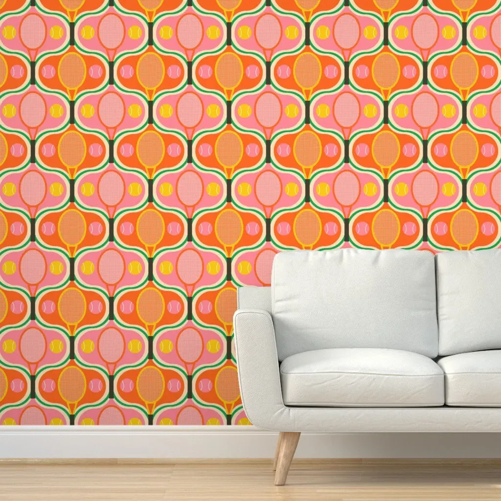 Retro Tennis Rackets Peel and Stick Wallpaper - Coral Orange product
