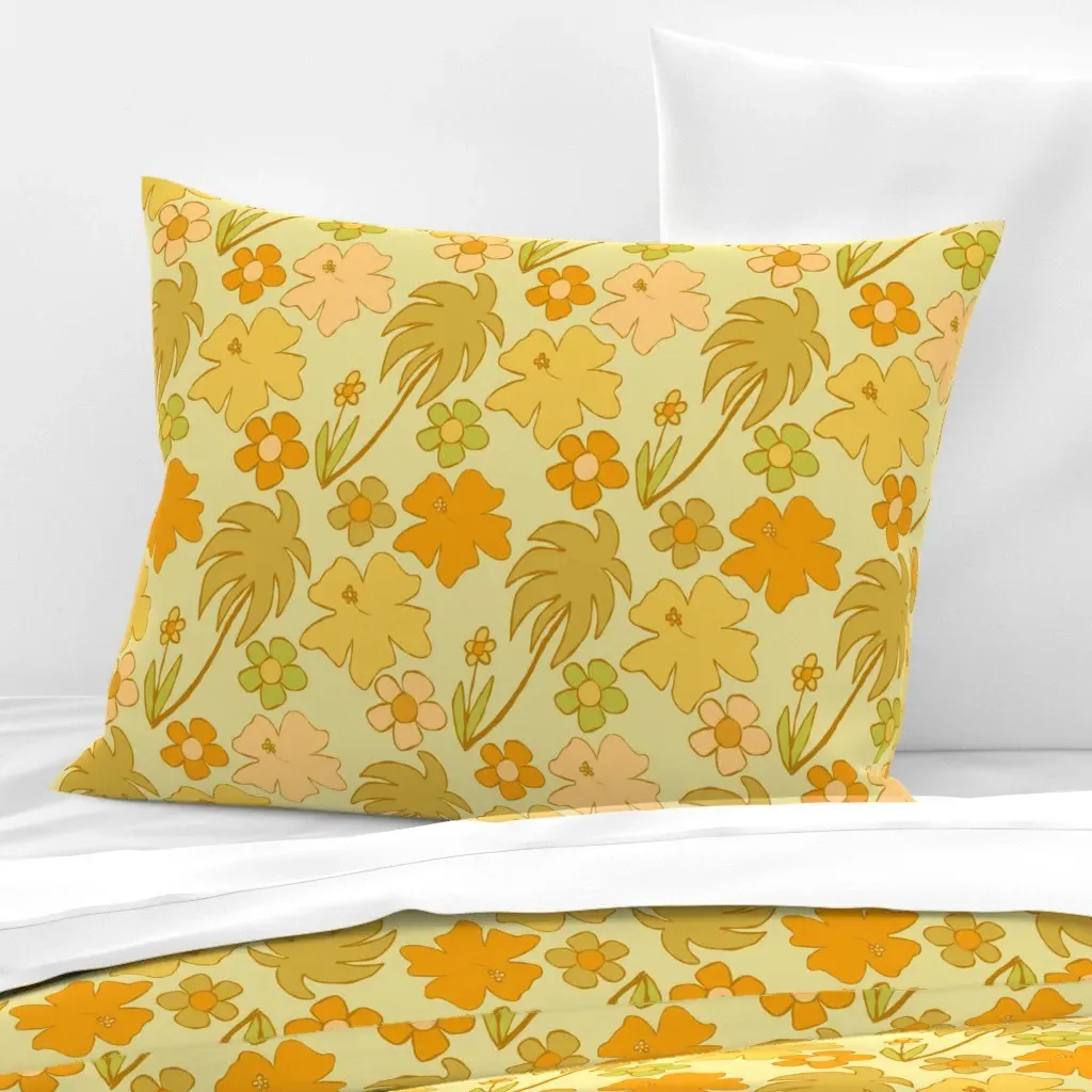 Retro Tropical Flower Power Standard Knife Edge Pillow - Yellow, Cotton Sateen product