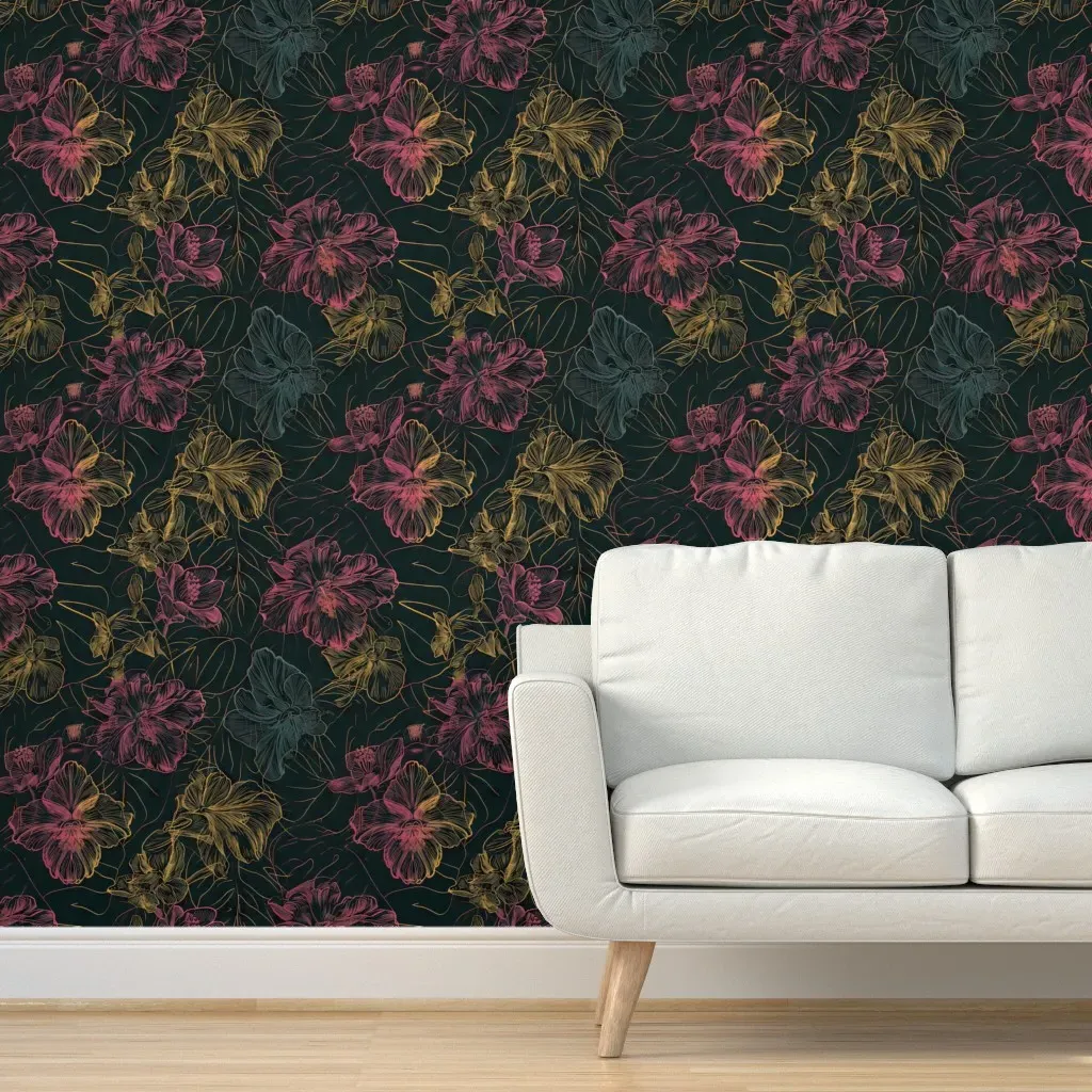 Retro Tropical Flowers Outline Peel and Stick Wallpaper - Pink product