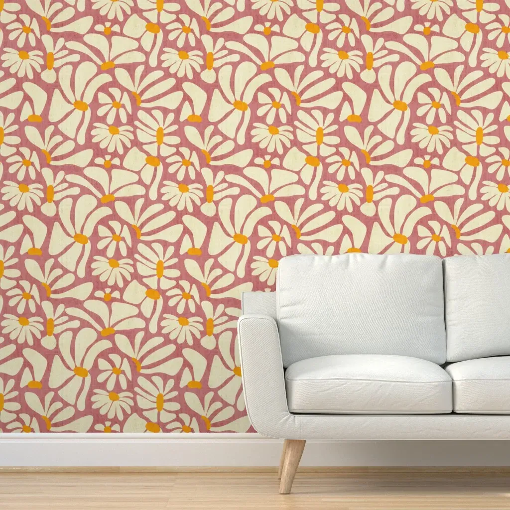 Retro Whimsy Daisy Floral Peel and Stick Wallpaper - Pink Clay product