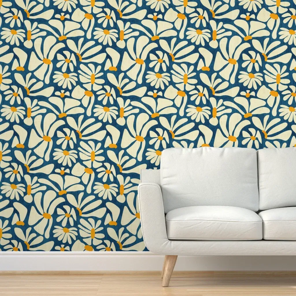 Retro Whimsy Daisy Peel and Stick Wallpaper - Blue, Floral product