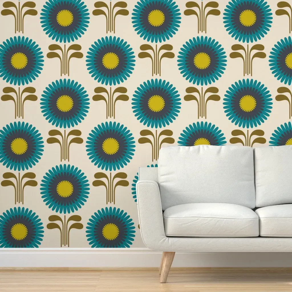 Retro Zinnias Peel and Stick Wallpaper - Beige, Green, Blue product